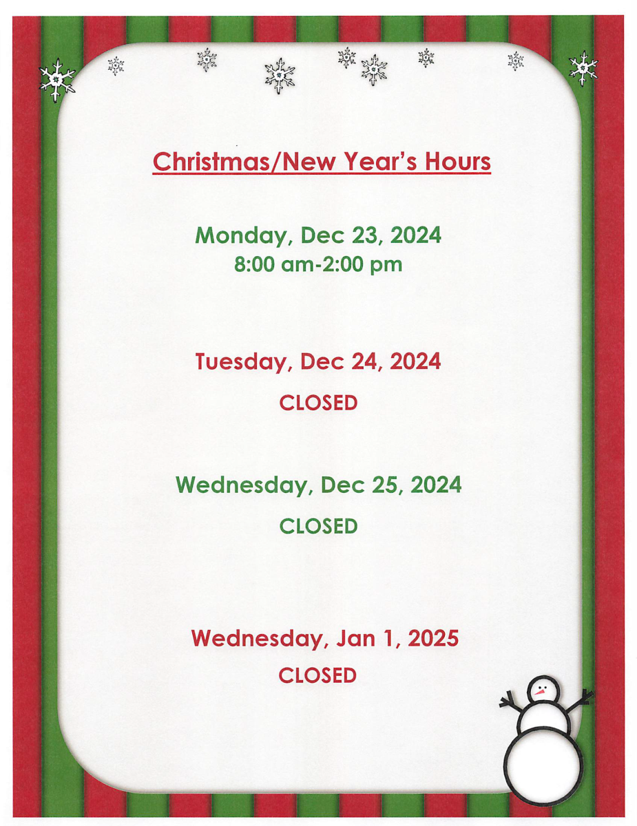 Christmas/New Years Holiday Hours Flyer with link to PDF