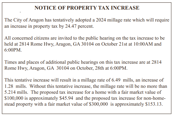 Notice of Property Tax Increase with link to Word Document